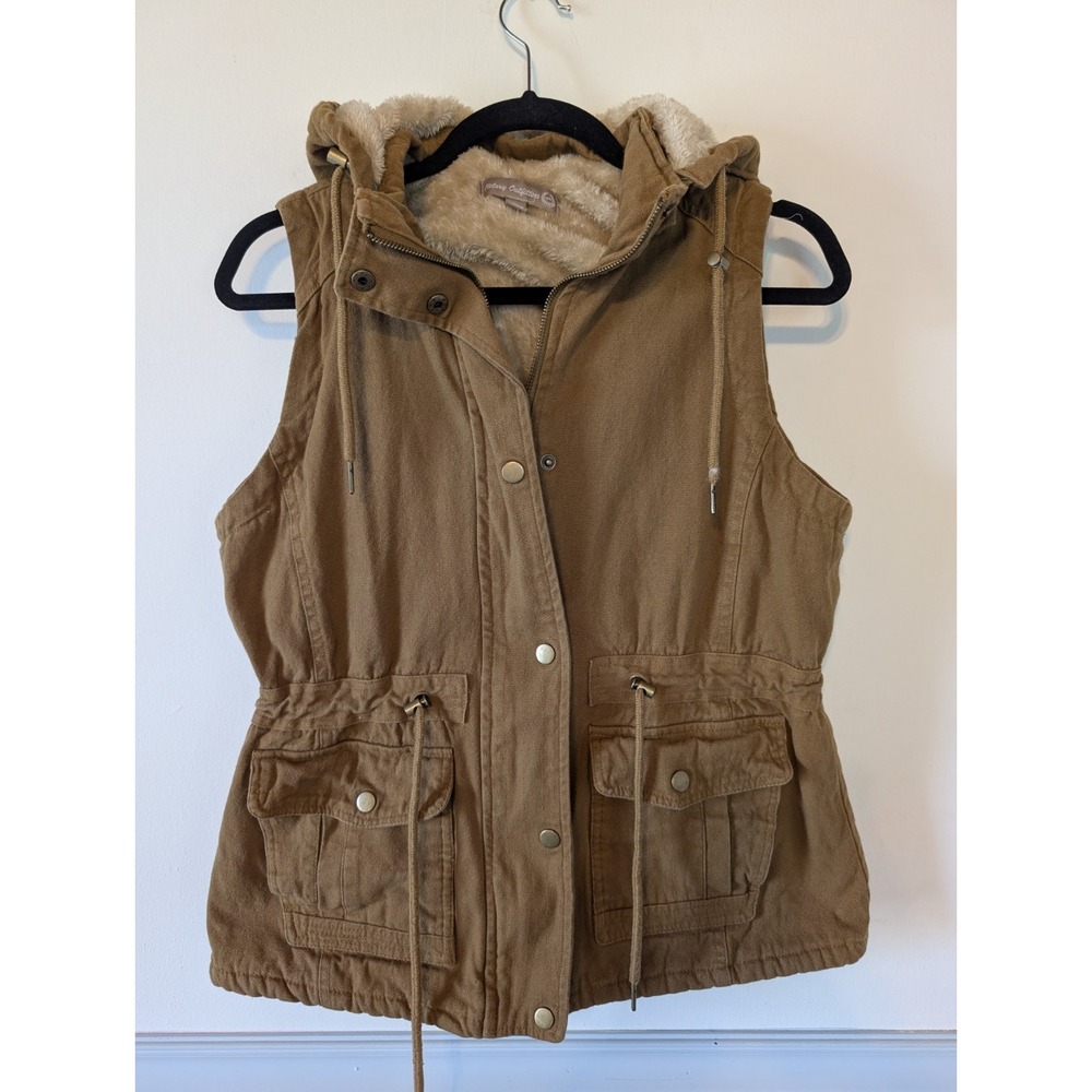 Victory Outfitters Tan Canvas Utility Vest Women Medium Sherpa Hooded Outdoor